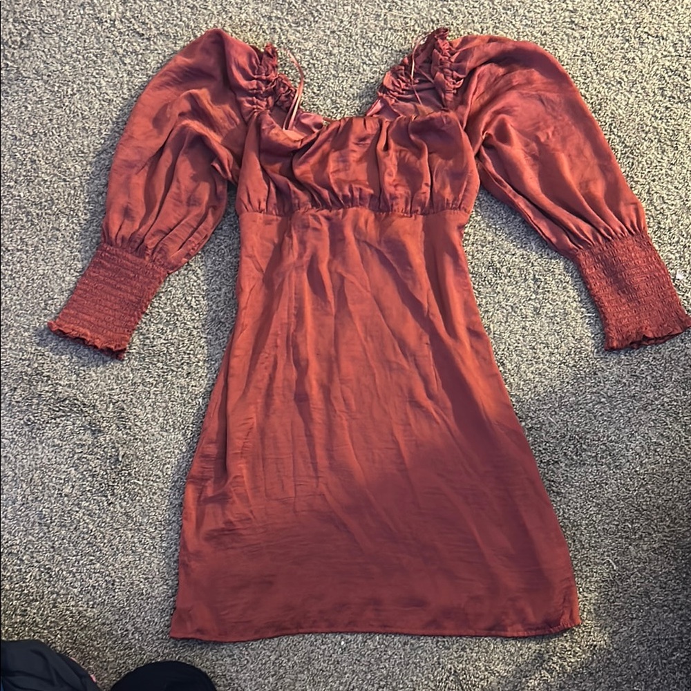 Altar'd State Orange Ruched Sheath Dress with Bishop Sleeves